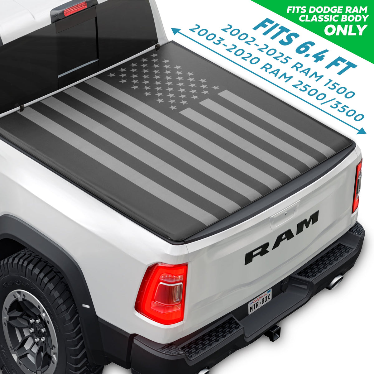 MotorBox USA Black American Flag Soft Roll-Up Retractable Tonneau Cover for Ram 1500 (2002 - 2023), Ram 2500 (2003 - 2020), Ram 3500 (2003