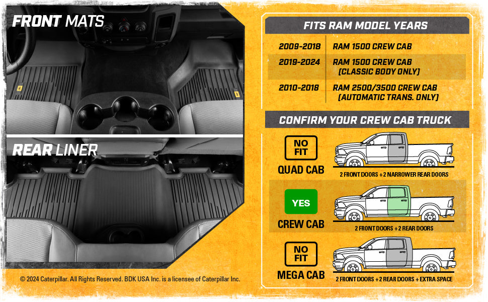 CAT 3-Piece JustFit 3D Front Floor Mats and Rear Floor Mats for Dodge Ram 1500 Crew Cab 2009-2018, Dodge Ram 2500/3500 Crew Cab 2010-2018, Dodge