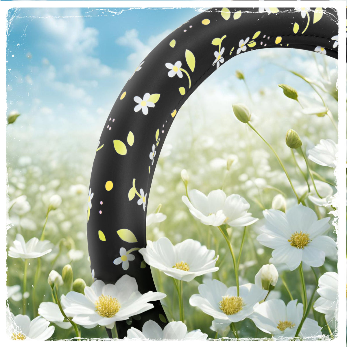 C&C California Car Steering Wheel Cover Floral Daisy Flowers, Non Slip Black Leather Steering Wheel Cover for Women Men, Cute Comfortable Soft