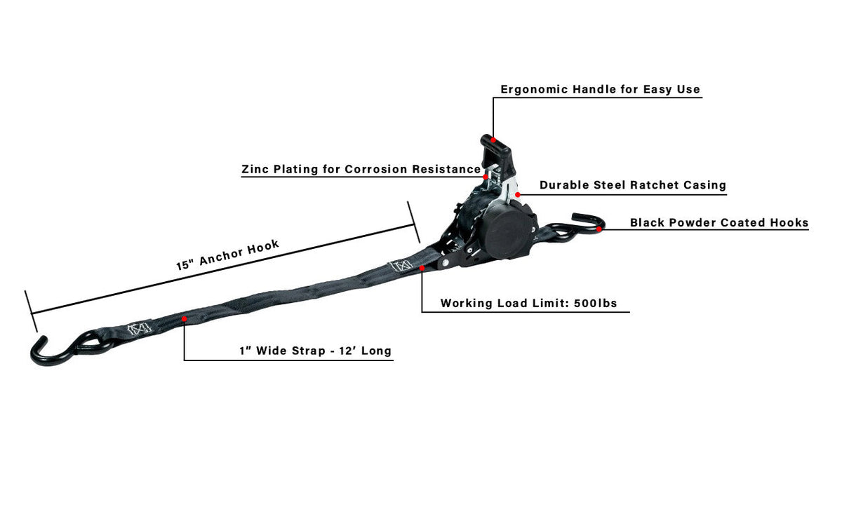 BulletProof Hitches BulletProof Medium Duty 1" Auto Retractable Ratchet Strap