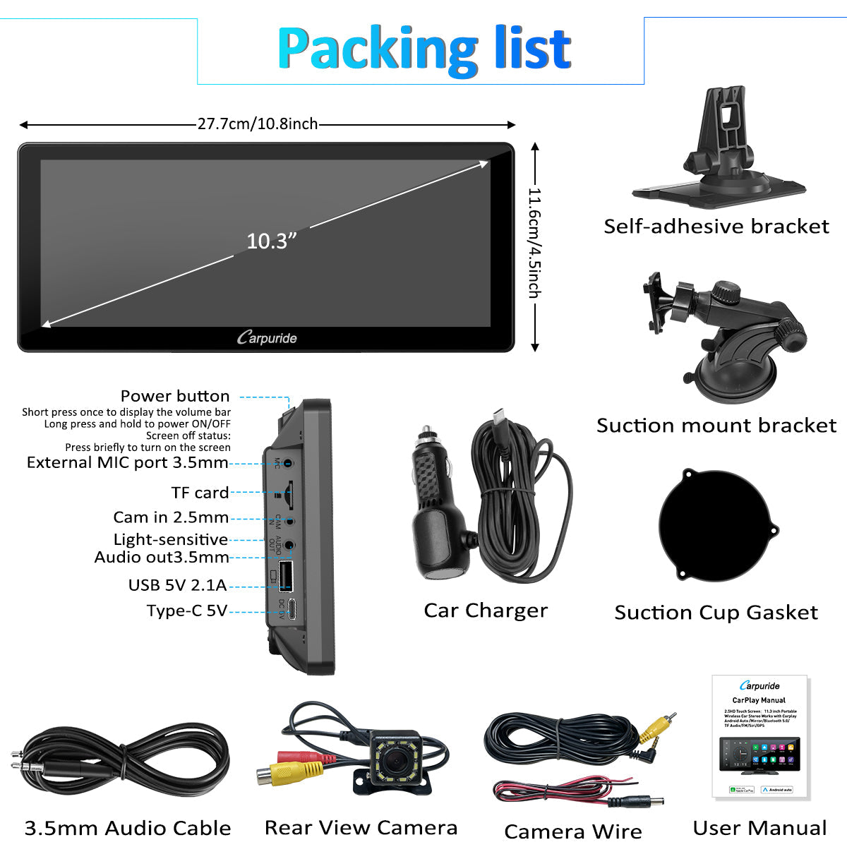 CARPURIDE W103 Portable Smart Multimedia Dashboard Console With Backup Camera