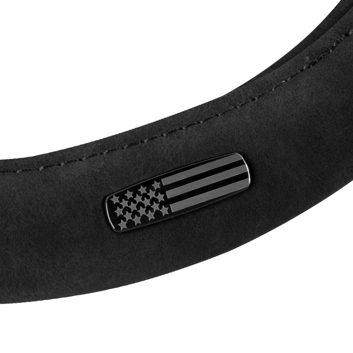 Cat® Honor Line Flux Leather Steering Wheel Cover w Metal Flag Emblem, Black Leatherette, Standard 14.5–15.5 Inch, Non Slip Comfort, Car Steering