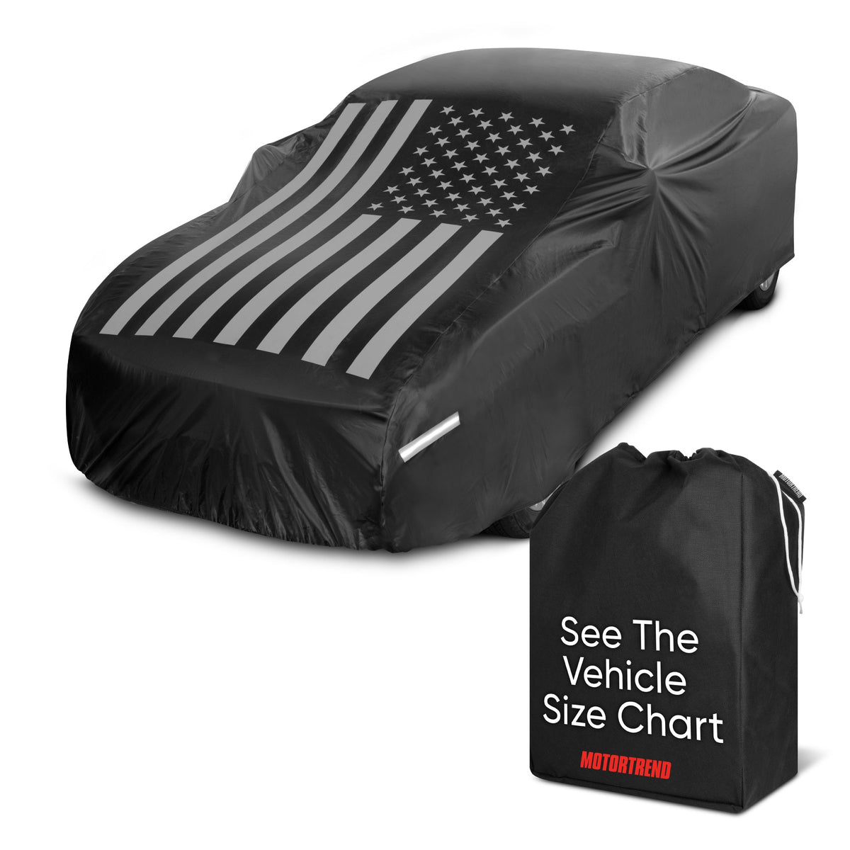 Motor Trend Black USA Flag Waterproof Car Cover - All Weather Outdoor Protection, UV Resistant, Windproof, Scratchproof - Semi-Universal Fit