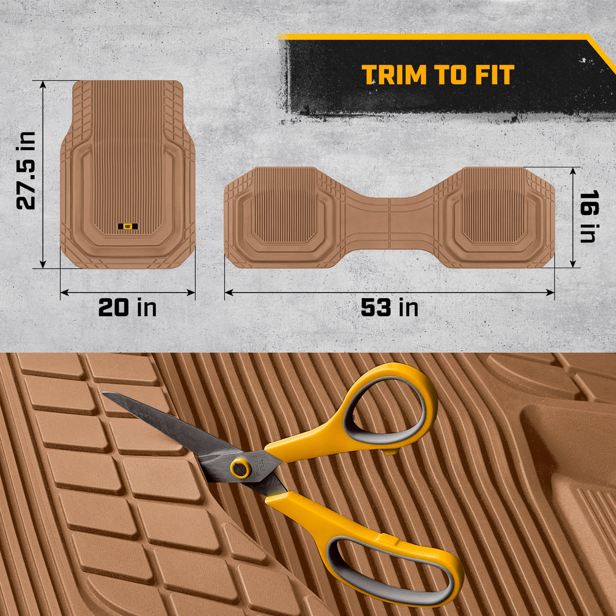 Cat® TerrainGuard™ Heavy-Duty 3-Piece All-Weather Rubber Floor Mats for Car, Truck, SUV, Van - Trim-to-Fit Deep Dish Automotive Floor Liners