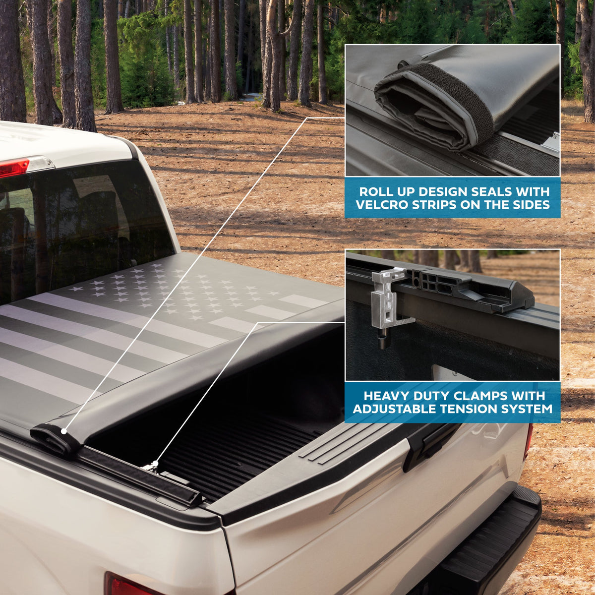 MotorBox USA Black American Flag Soft Roll-Up Retractable Tonneau Cover for Ram 1500 (2002 - 2023), Ram 2500 (2003 - 2020), Ram 3500 (2003