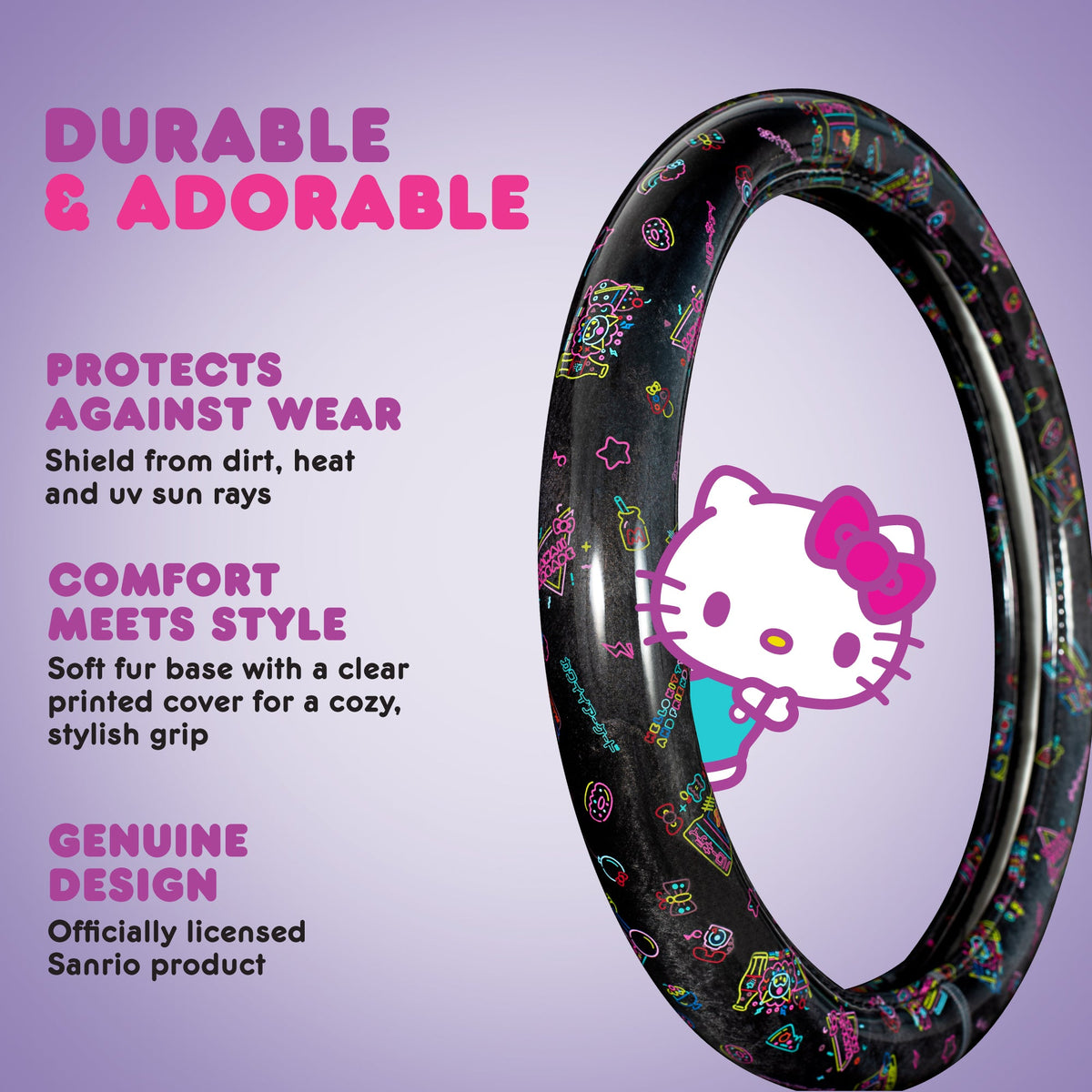 Hello Kitty Steering Wheel Cover, Official Sanrio Car Steering Wheel Cover with Universal Size 14.5 - 15.5, Cute Black Steering Wheel Cover for