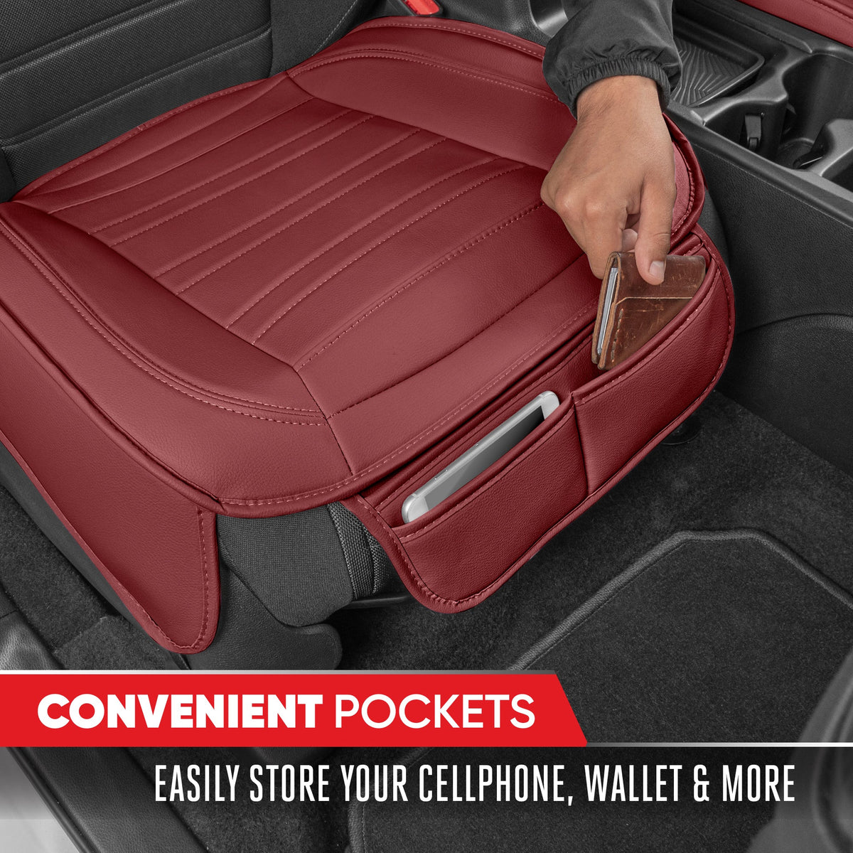 Motor Trend Faux Leather Front Seat Cover for Cars - Set of 2 Burgundy Front Car Seat Covers for SUV & Truck with Storage Pockets - Automotive