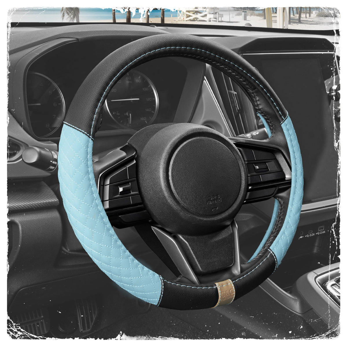 C&C California Car Steering Wheel Cover Blue Diamond Quilt, Non Slip Leather Steering Wheel Cover for Women Men, Cute Comfortable Soft Easy