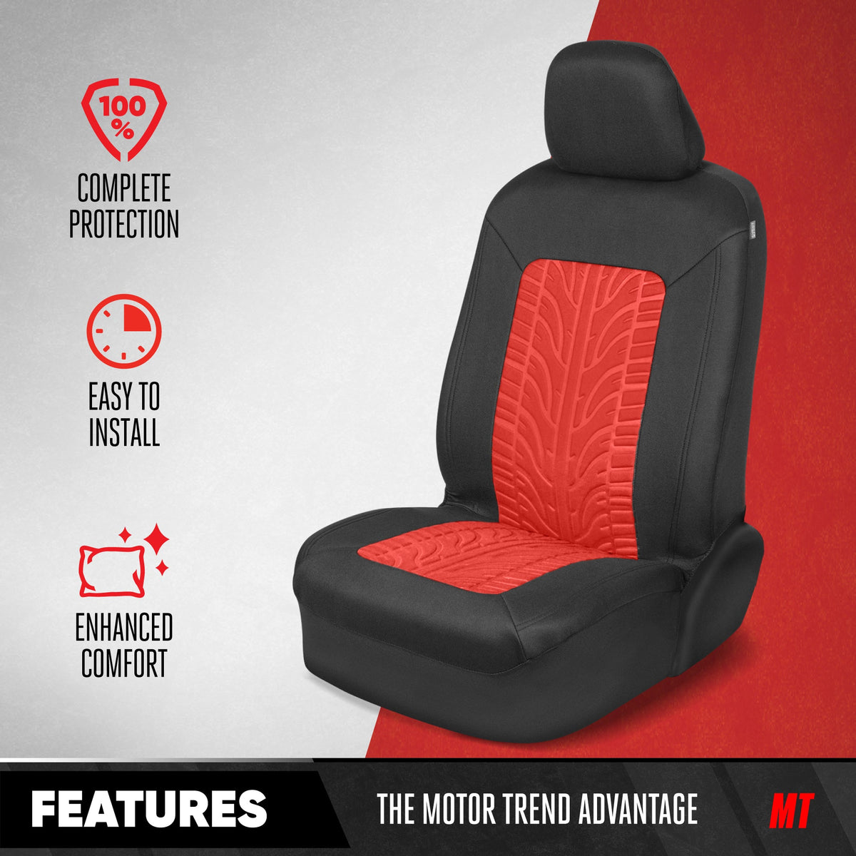Motor Trend GrandPrix Seat Covers for Cars, 2-Pack Black & Red Tire Tread Embossed Car Seat Covers for Front Seats, Automotive Interior Covers