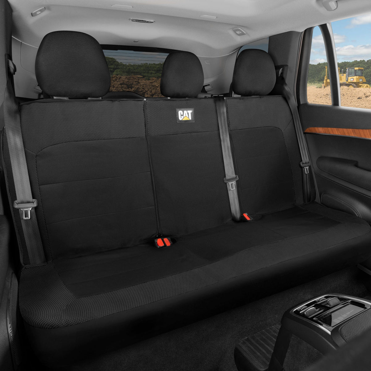 Cat Flexfit Black Rear Seat Cover for Car - Durable Canvas & Mesh Design 60/40 Split Bench Protector for Cars, Trucks & SUVs - Back Seat Cover