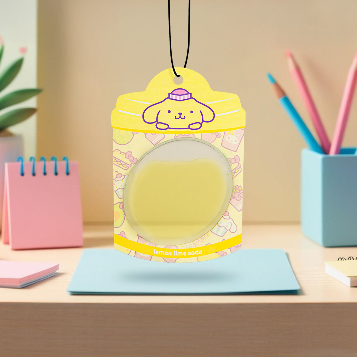 Hello Kitty and Friends Car Air Freshener (Pompompurin - Lemon Lime Soda) Hanging Gel Area Deodorizer, Long-Lasting Car Scents Air Freshener