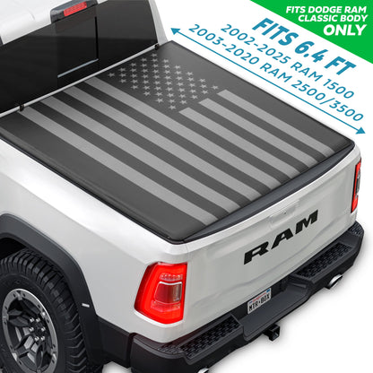 MotorBox USA Black American Flag Soft Roll-Up Retractable Tonneau Cover for Ram 1500 (2002 - 2023), Ram 2500 (2003 - 2020), Ram 3500 (2003