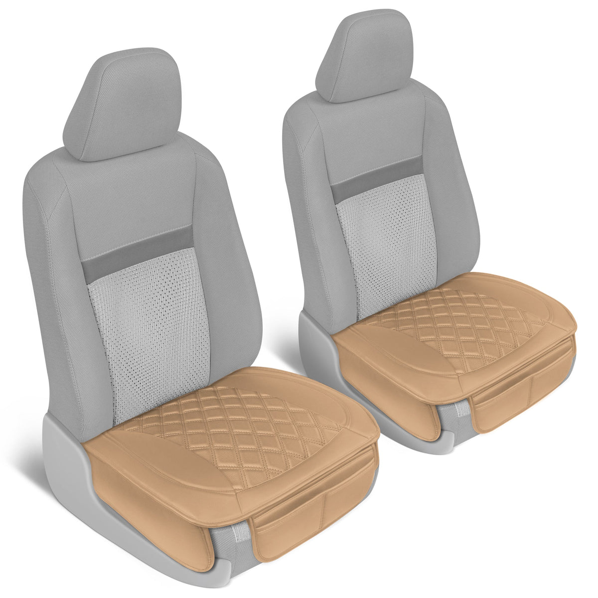 MotorTrend 2-Pack Padded Faux Leather Diamond Stitched Seat Covers with Front Storage Pockets - Beige