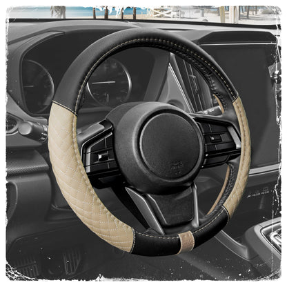 C&C California Car Steering Wheel Cover Beige Diamond Quilt, Non Slip Leather Steering Wheel Cover for Women Men, Cute Comfortable Soft Easy