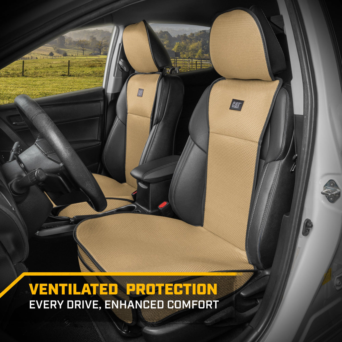 Caterpillar AeroMesh Beige Seat Covers for Trucks, Car, & SUV - (2) Front Truck Seat Cover Protector - Breathable Mesh Universal Fit Car Seat