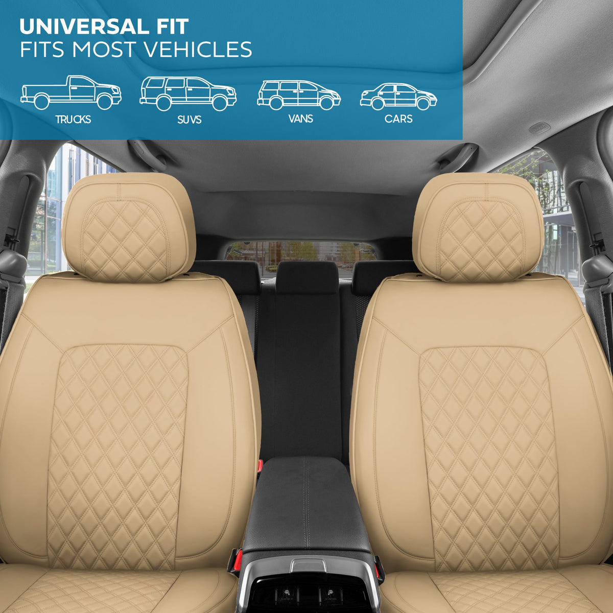 MotorBox Prestige Edition Faux Leather Seat Covers for Cars, Trucks, & SUV – 2 Beige Car Seat Covers for Front Seats - Universal Fit Car