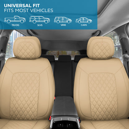 MotorBox Prestige Edition Faux Leather Seat Covers for Cars, Trucks, & SUV – 2 Beige Car Seat Covers for Front Seats - Universal Fit Car