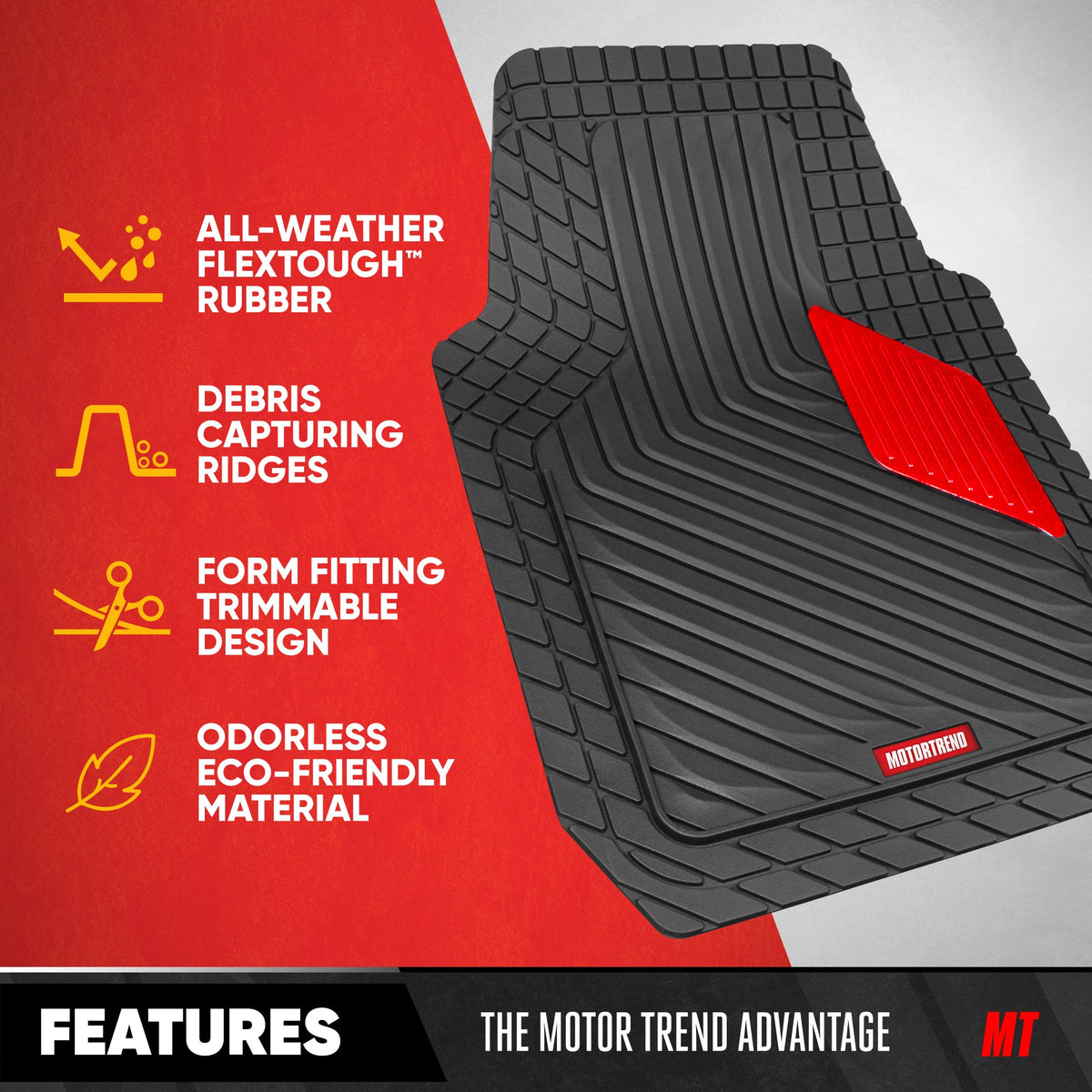 Motor Trend MetallicGuard Car Floor Mats Full Set - Durable Rubber Floor Mats with Red Metallic Heel Pad, All-Weather Interior Protection for