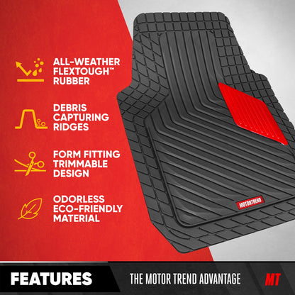 Motor Trend MetallicGuard Car Floor Mats Full Set - Durable Rubber Floor Mats with Red Metallic Heel Pad, All-Weather Interior Protection for