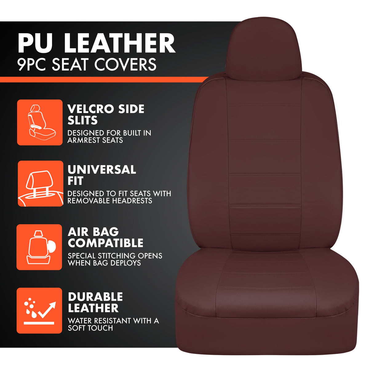 BDK 9-Piece Burgundy Leather Car Seat Cover Full Set, Front Seat Cover and Rear Bench Seat Cover Universal Fit Car Seat Covers for Cars Trucks