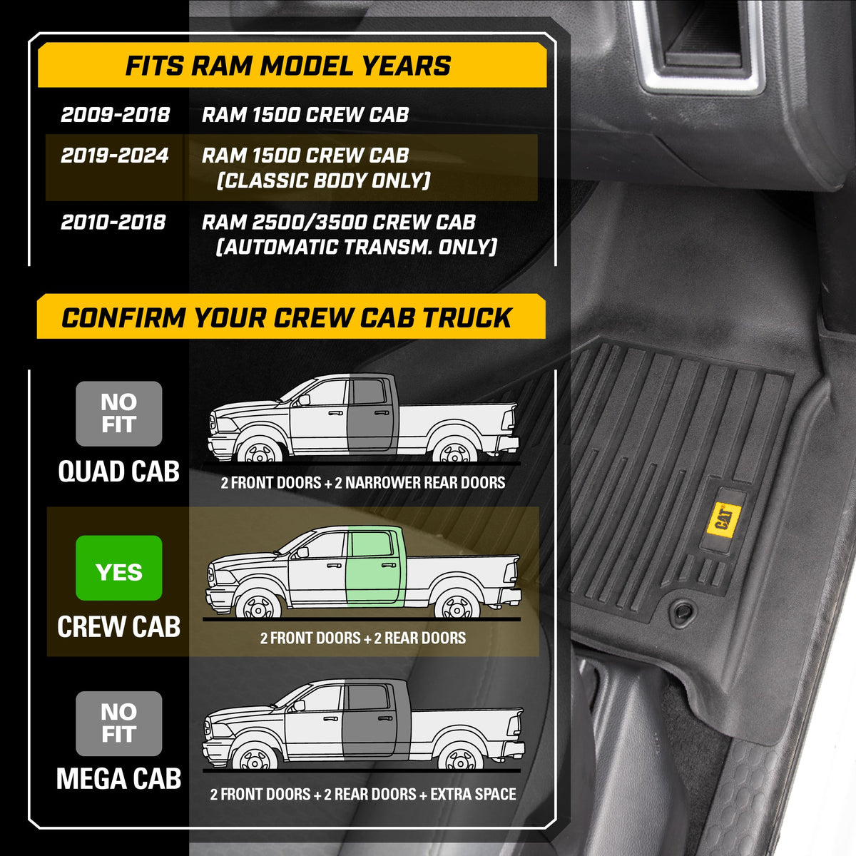 CAT 3-Piece JustFit 3D Front Floor Mats and Rear Floor Mats for Dodge Ram 1500 Crew Cab 2009-2018, Dodge Ram 2500/3500 Crew Cab 2010-2018, Dodge