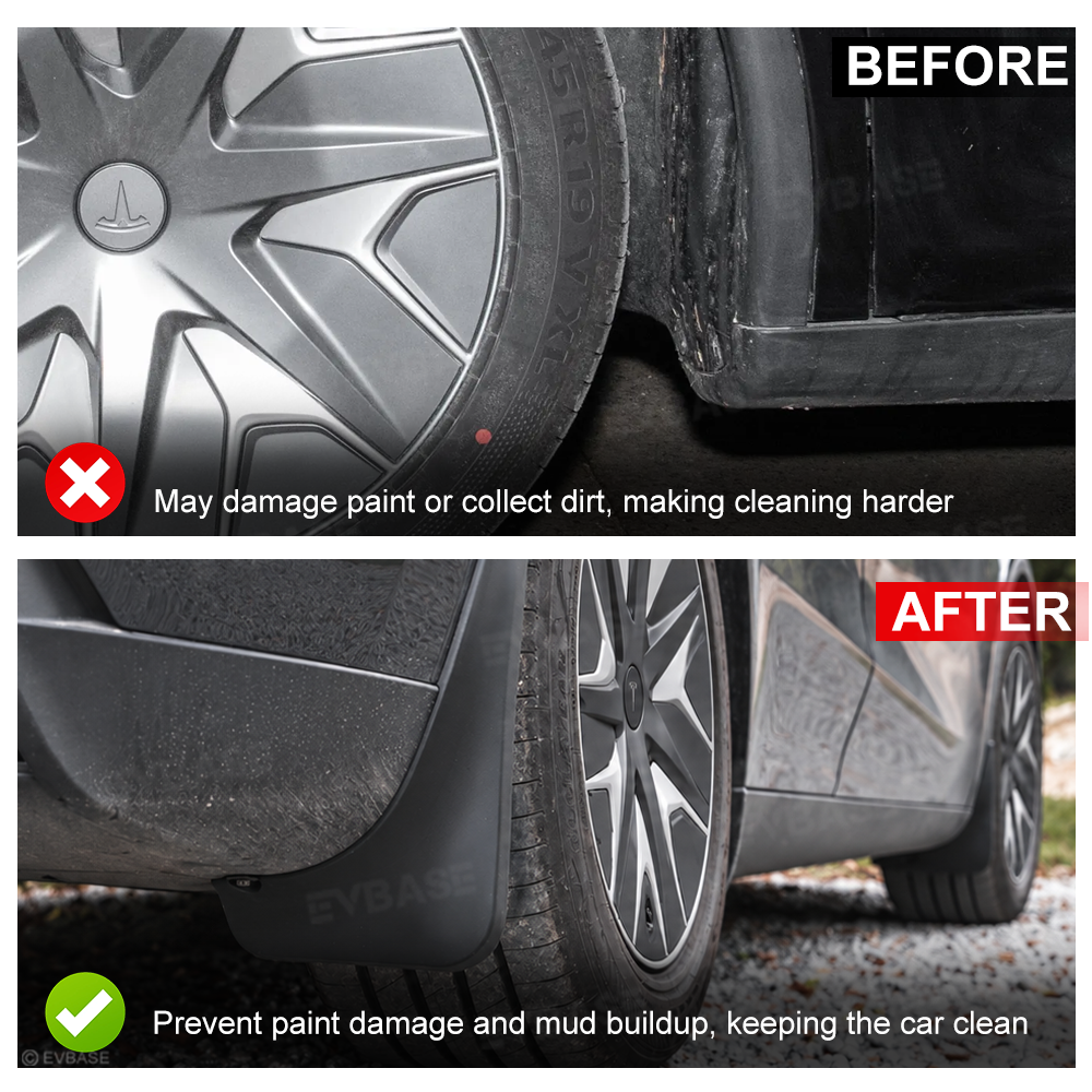 EVBASE Model Y L Mud Flaps No-Drill Front & Rear Fender Splash Guards TPE All-Weather Protection