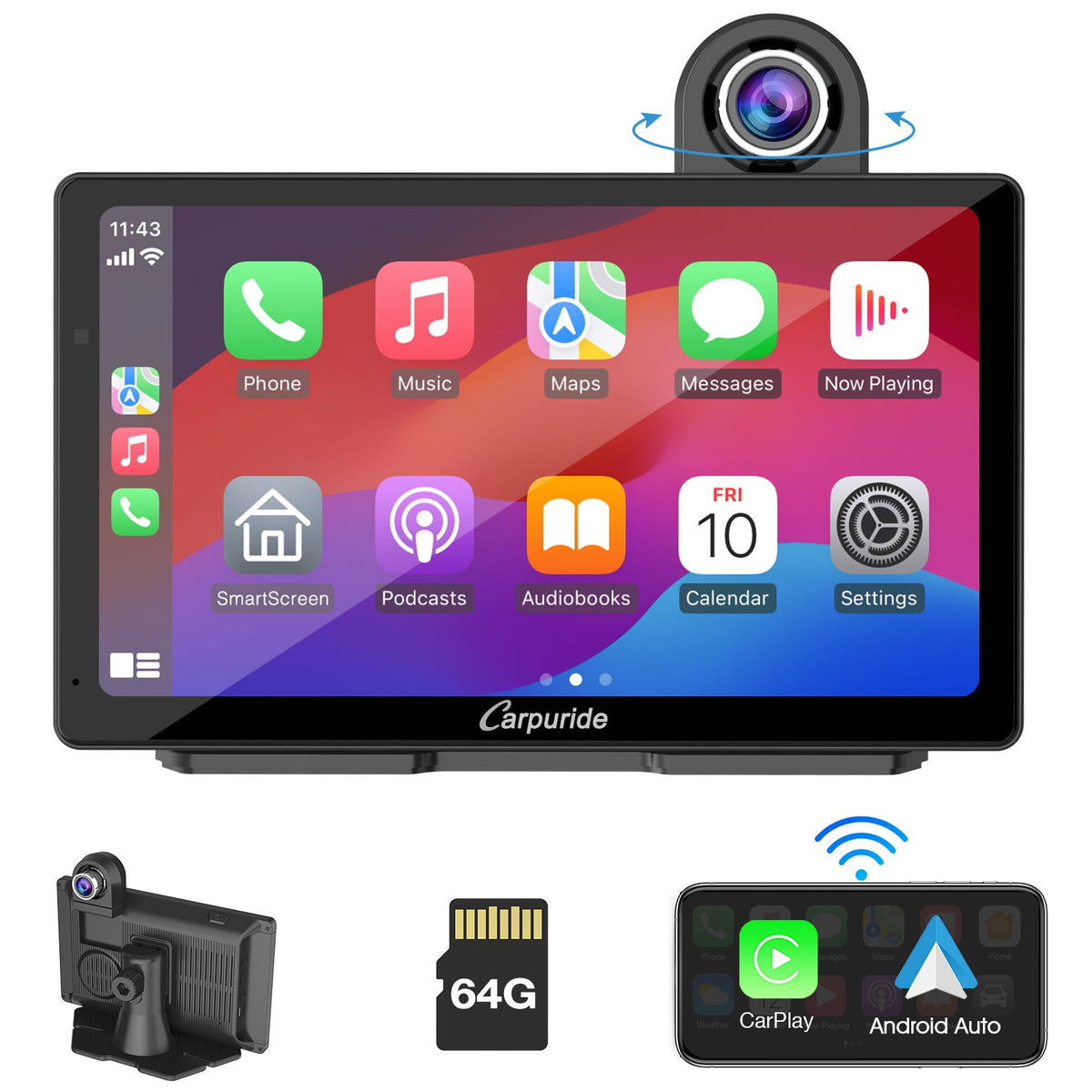 CARPURIDE W703 Portable Smart Multimedia Car Stereo with Dual Cameras and DVR Function