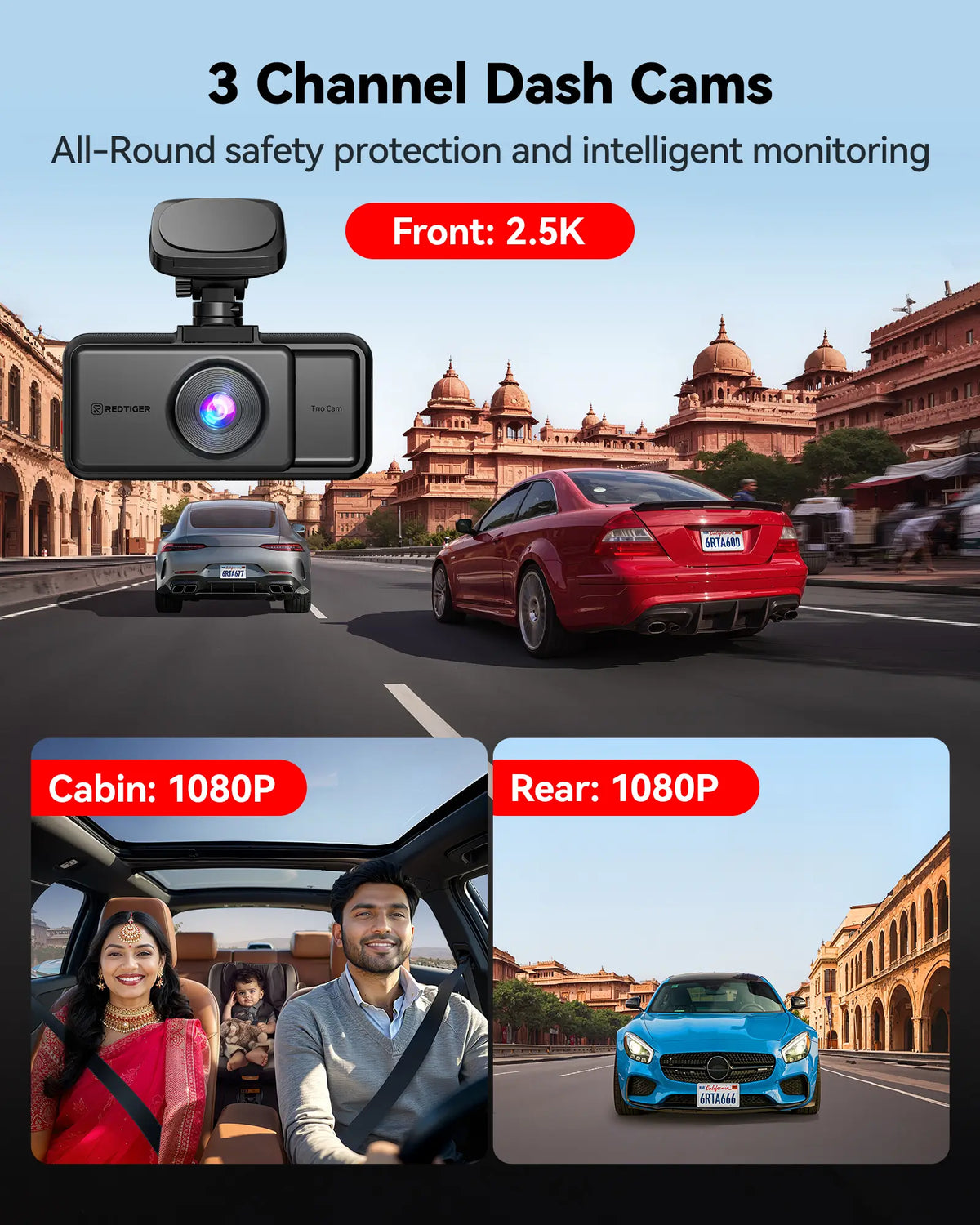 REDTIGER A6 Dash Cam Front and Rear, 4K/2.5K+1080P 5.8G WiFi & GPS dashcam, 3 Channel dash Cam with 64GB Card
