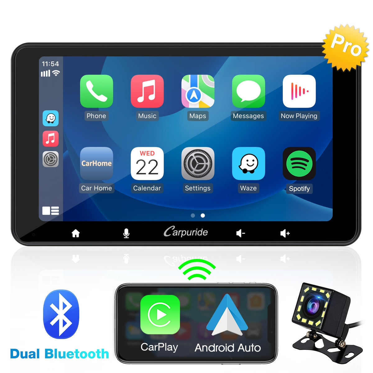 CARPURIDE W708 Pro Portable Smart Multimedia Dual Bluetooth Dashboard Console With Backup Camera
