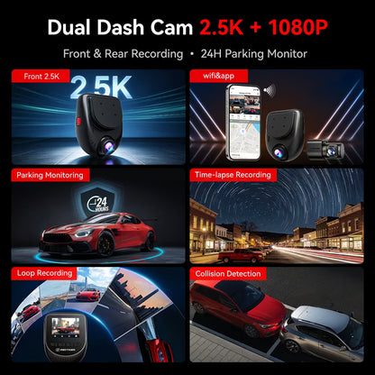 Redtiger A2 Dash Camera Front and Rear, 2.5K+1080P Dual Dashcam, WiFi, Loop Recording, G-Sensor, 24H Parking Mode, Super