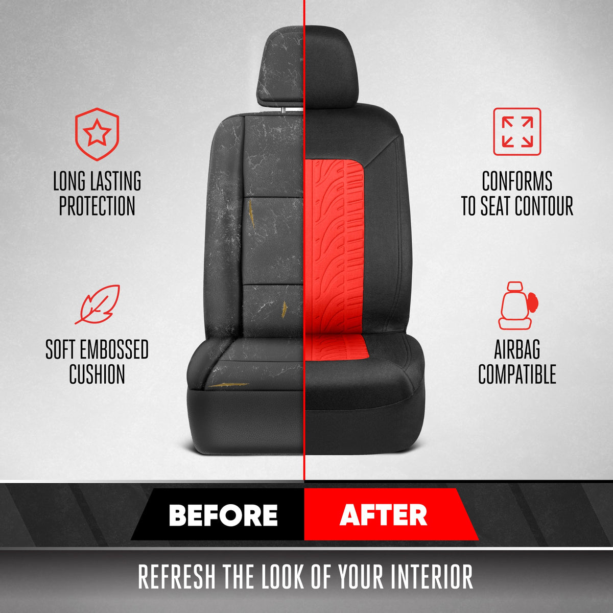 Motor Trend GrandPrix Seat Covers for Cars, 2-Pack Black & Red Tire Tread Embossed Car Seat Covers for Front Seats, Automotive Interior Covers