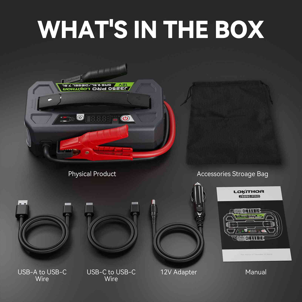 LOKITHOR J3250 PRO LiFePO4 Jump Starter 3250A with 100W Two-Way Fast Charging for for 9.5L Gas/7.5L Diesel