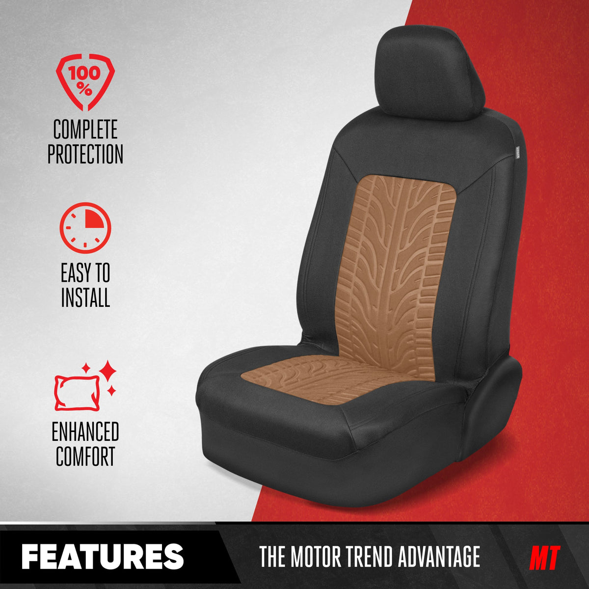 Motor Trend GrandPrix Seat Covers for Cars, 2-Pack Black & Beige Tire Tread Embossed Car Seat Covers for Front Seats, Automotive Interior Covers