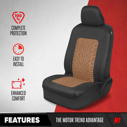 Motor Trend GrandPrix Seat Covers for Cars, 2-Pack Black & Beige Tire Tread Embossed Car Seat Covers for Front Seats, Automotive Interior Covers