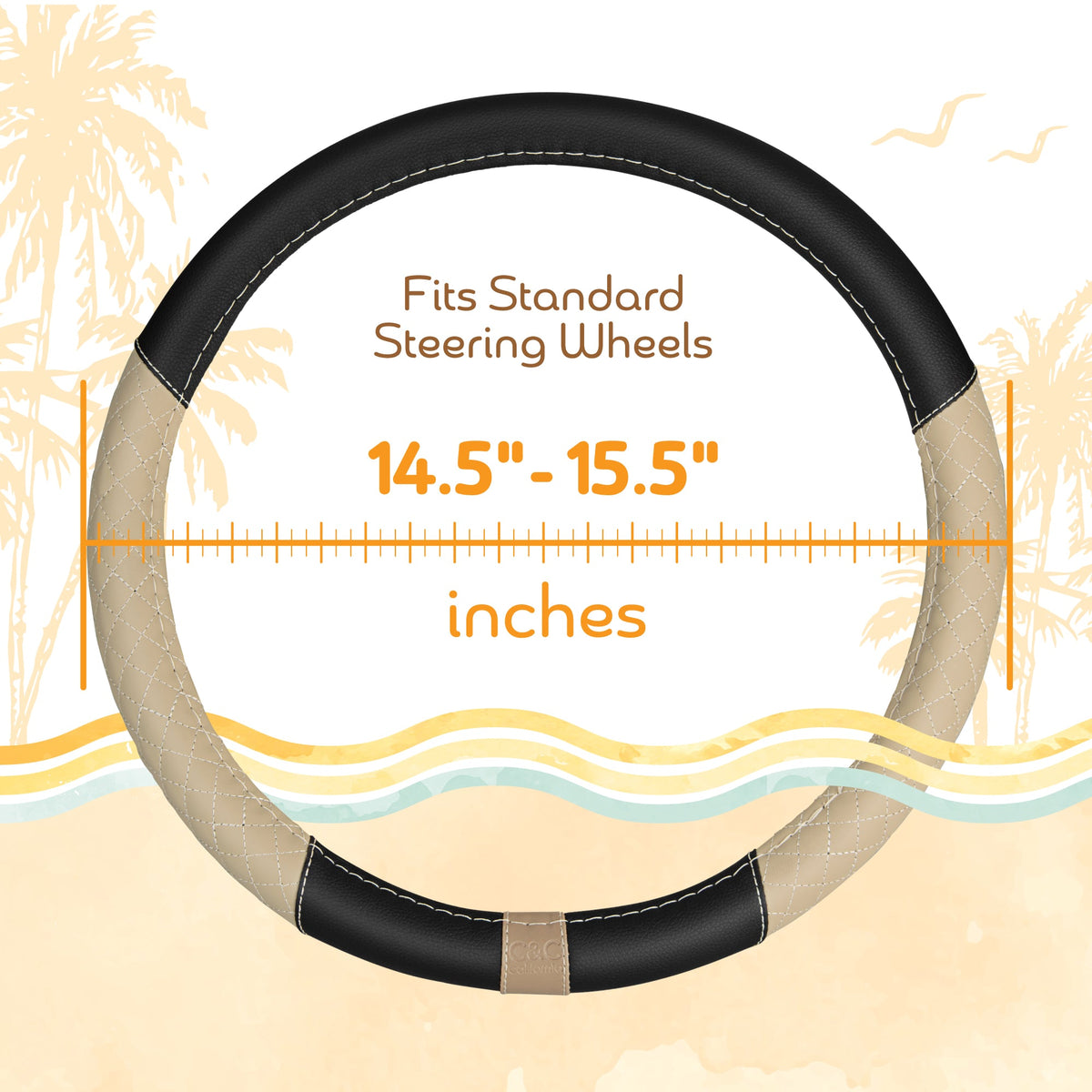 C&C California Car Steering Wheel Cover Beige Diamond Quilt, Non Slip Leather Steering Wheel Cover for Women Men, Cute Comfortable Soft Easy