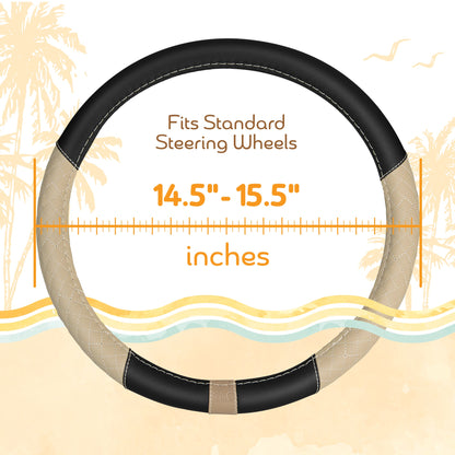 C&C California Car Steering Wheel Cover Beige Diamond Quilt, Non Slip Leather Steering Wheel Cover for Women Men, Cute Comfortable Soft Easy