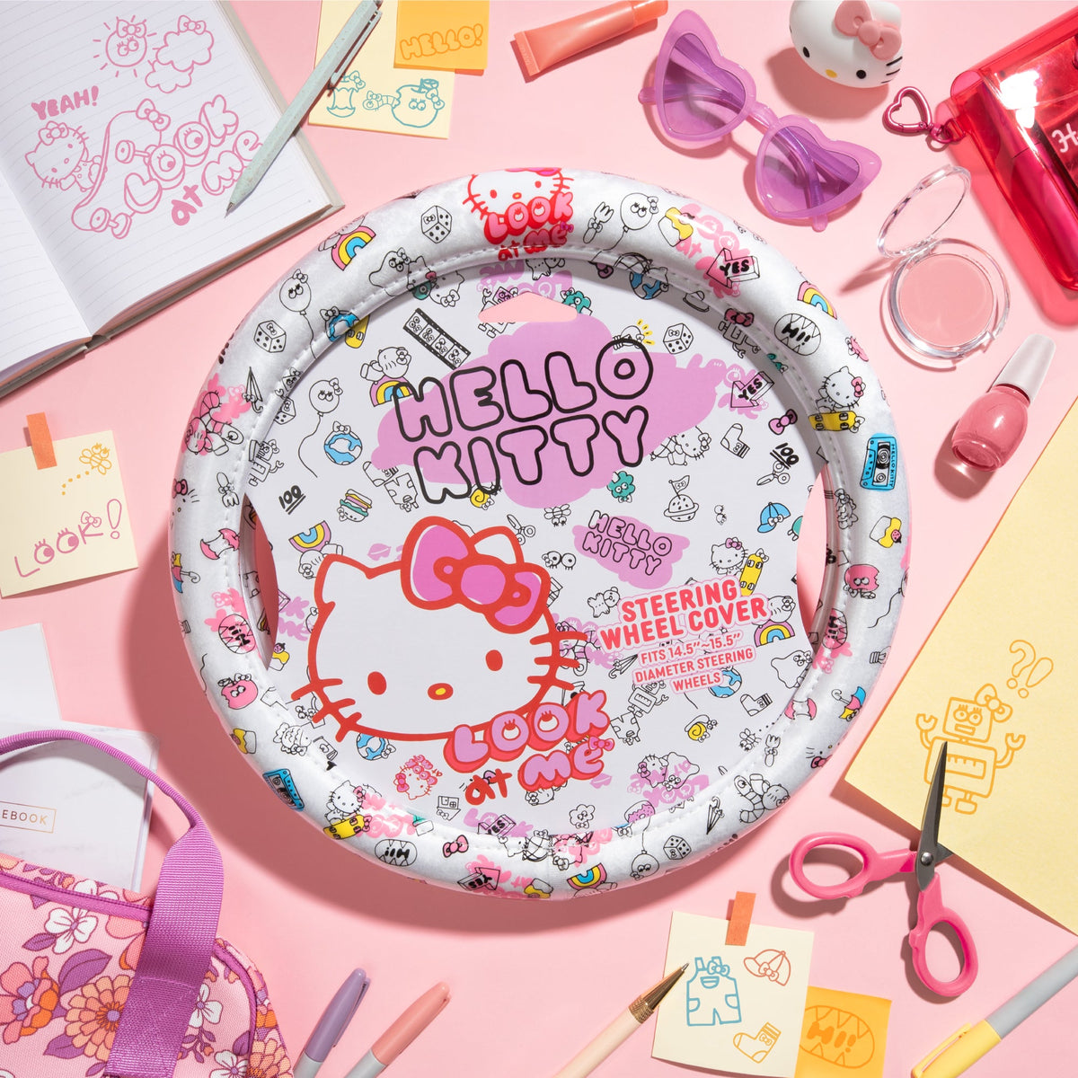 Hello Kitty Steering Wheel Cover, Official Sanrio Car Steering Wheel Cover with Universal Size 14.5 - 15.5, Cute White Steering Wheel Cover for