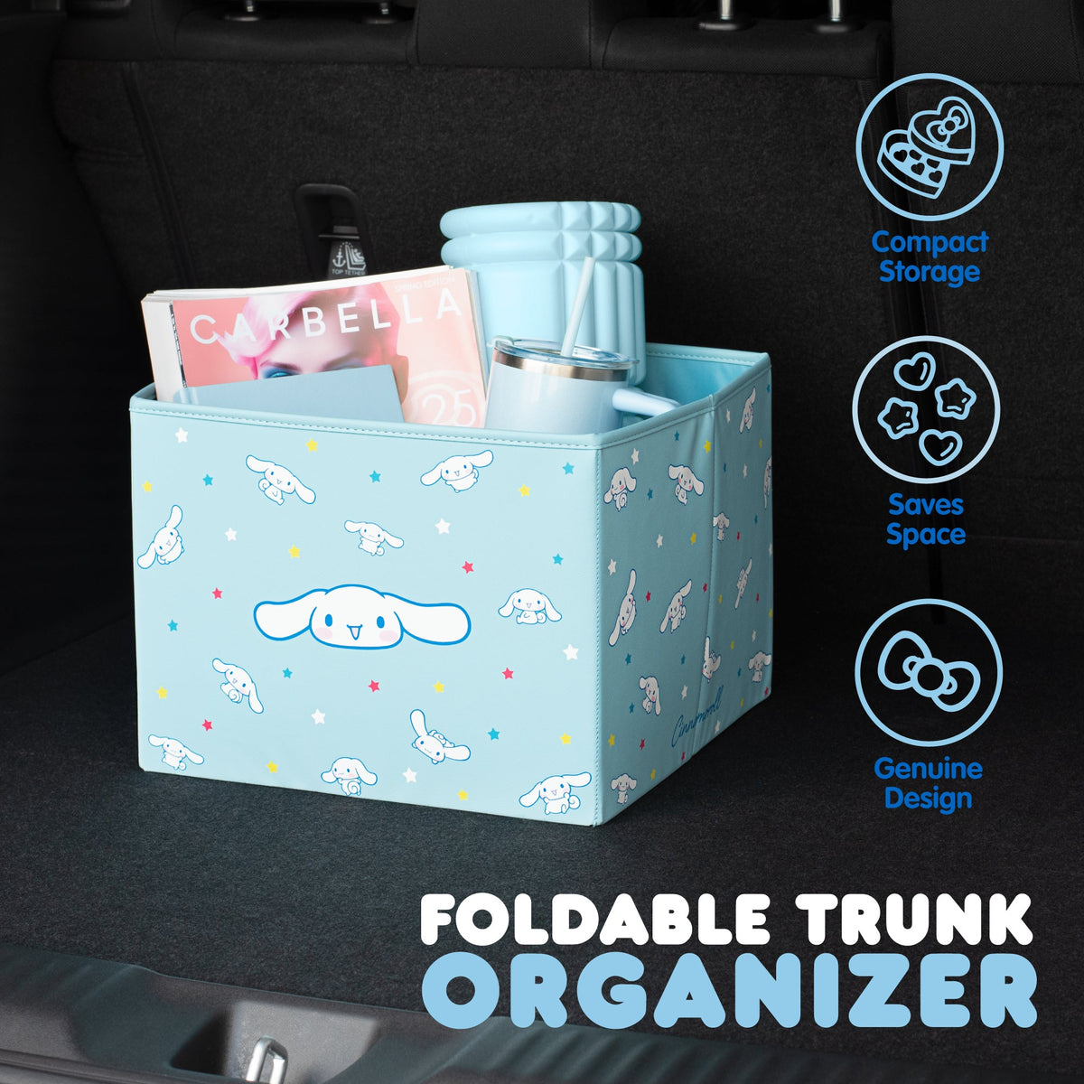 Sanrio Cinnamoroll Car Trunk Organizer and Storage Bin - Collapsible Compartment, Heavy Duty, Fold Up for Easy Storage, Automotive Seat Cargo for