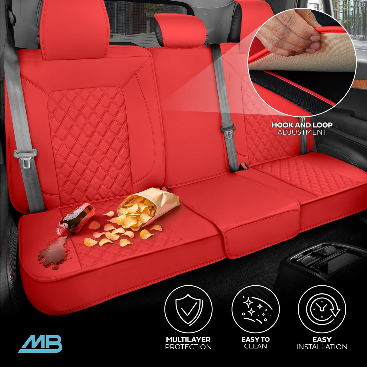 MotorBox Premium Napa Leather Rear Seat Cover – Semi Universal Fit for Most Cars, Truck & SUV – Red Back Seat Protector – Anti-Slip, Durable