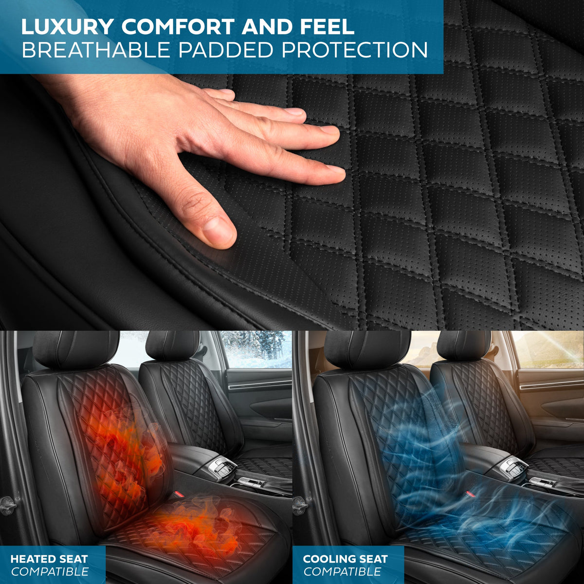 MotorBox Elite Edition Faux Leather Seat Covers for Cars, Trucks, & SUV - 2 Black Car Seat Covers for Front Seats - Universal Fit Car Accessories
