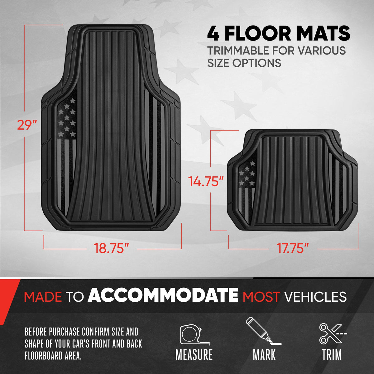 Motor Trend Flag Floor Mats Full Set - Durable Black Rubber Car Floor Mats for Trucks Cars SUV with Two Tone Accent, All Weather Interior