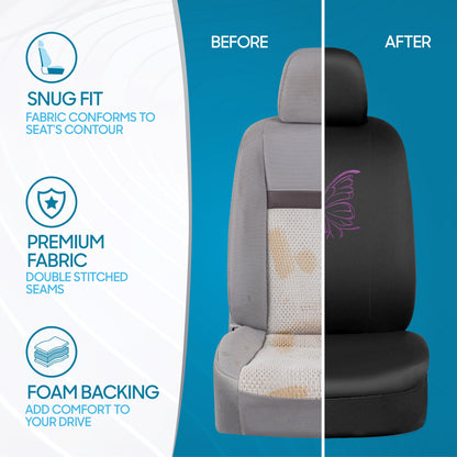 BDK 12-Piece Butterfly Front Seat Covers, Rear Seat Covers, Seat Belt Pads, and Steering Wheel Cover (Fits 14.5" - 15.5")