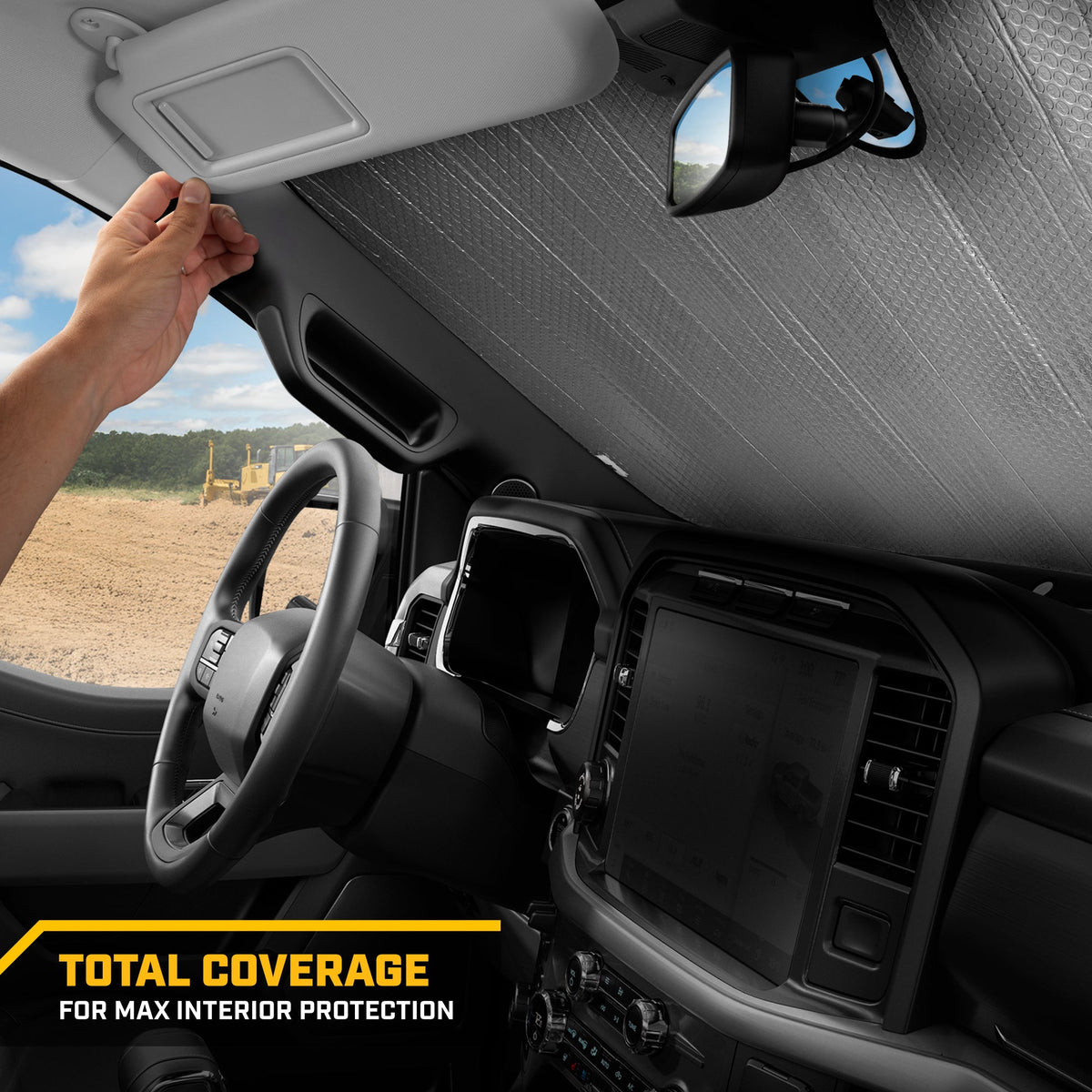CAT Auto Shade for Cars & Trucks – Jumbo 65"x27" Accordion Folding Sunshade with Bold Yellow Tire Tracks Design – Heavy-Duty Windshield Cover for