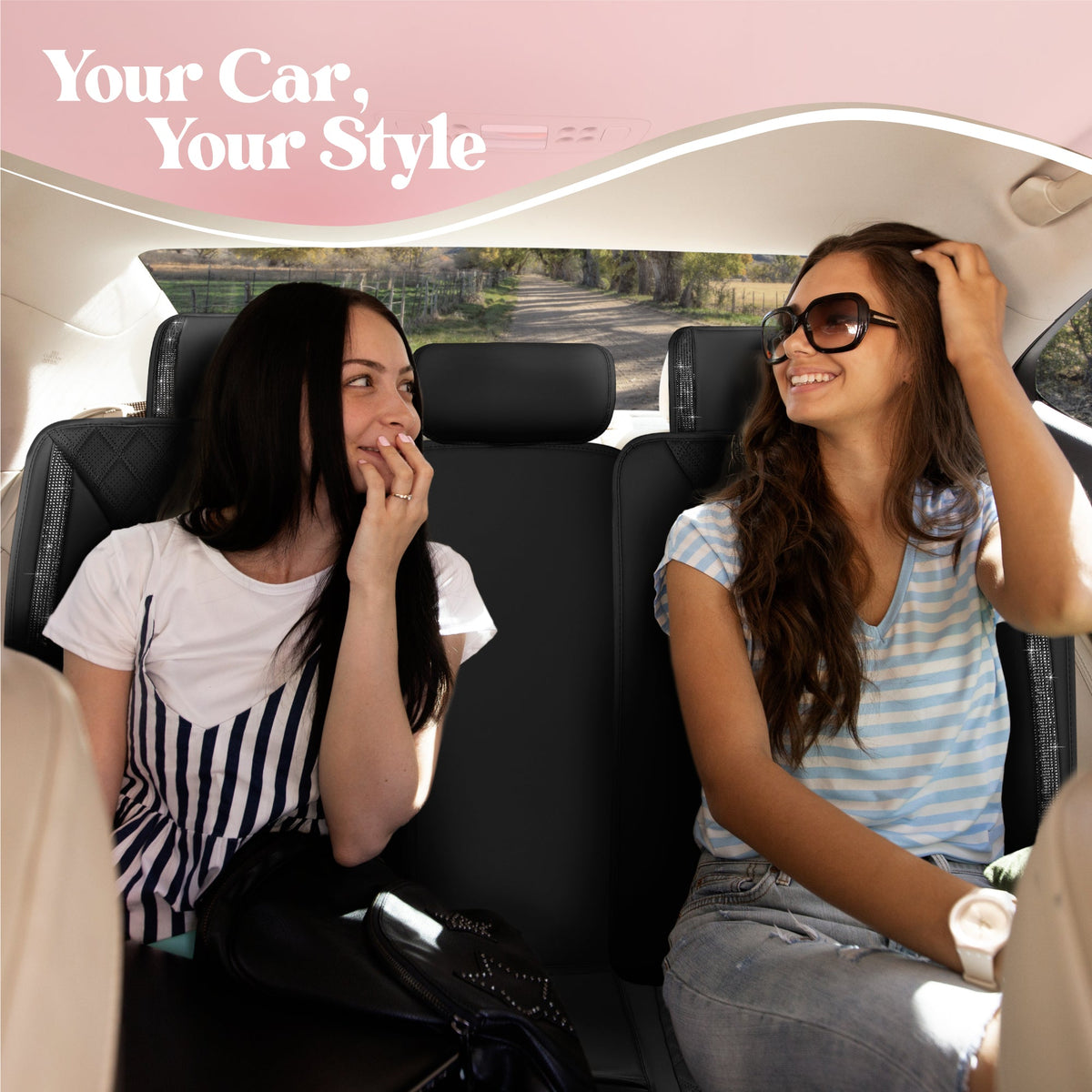 Carbella 7-Piece BlingStitch Rear Seat Covers - Clear Crystals