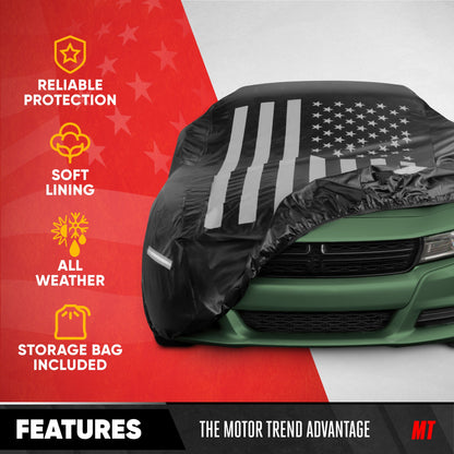 Motor Trend Black USA Flag Waterproof Car Cover - All Weather Outdoor Protection, UV Resistant, Windproof, Scratchproof - Semi-Universal Fit