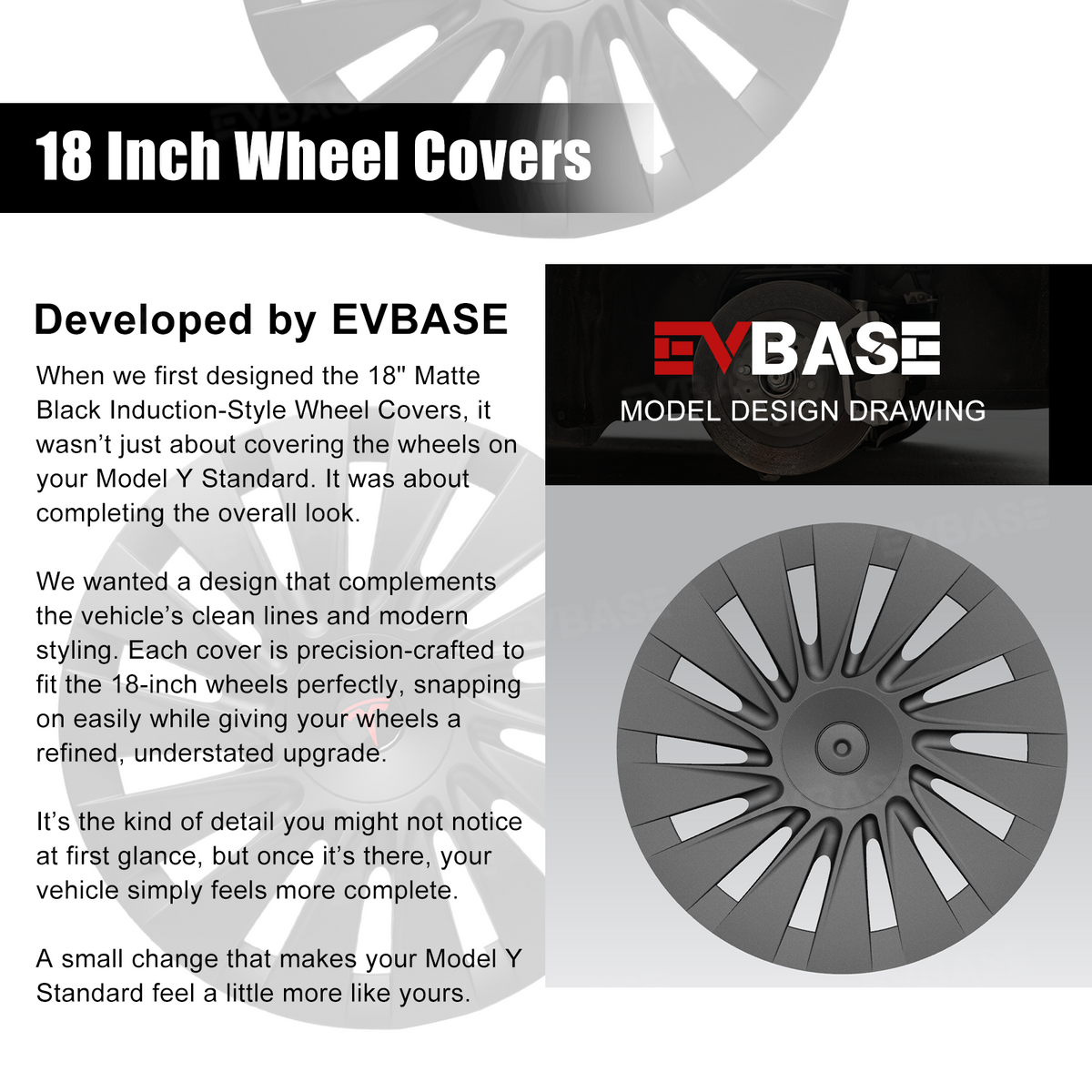 EVBASE Model Y Juniper Standard 18" Wheel Covers for Tesla Aperture Wheels Induction Style Hubcaps