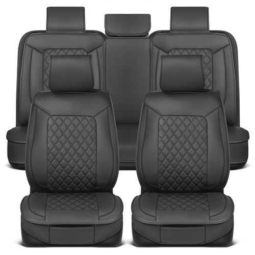 MotorBox 11-Piece Prestige Edition Premium Faux Leather Diamond Stitched Cushion Front Seat Covers and Rear Seat Covers - Black