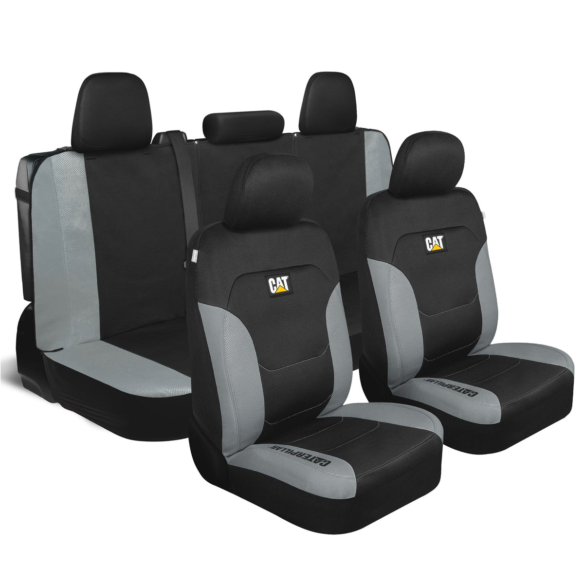 CAT Black & Gray Car Seat Covers Full Set – Front Seat Covers & Rear Bench Seat Cover – Airbag Compatible, 60/40 Split Bench for Trucks, Cars &