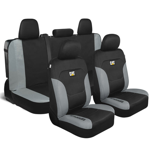 CAT Black & Gray Car Seat Covers Full Set – Front Seat Covers & Rear Bench Seat Cover – Airbag Compatible, 60/40 Split Bench for Trucks, Cars &
