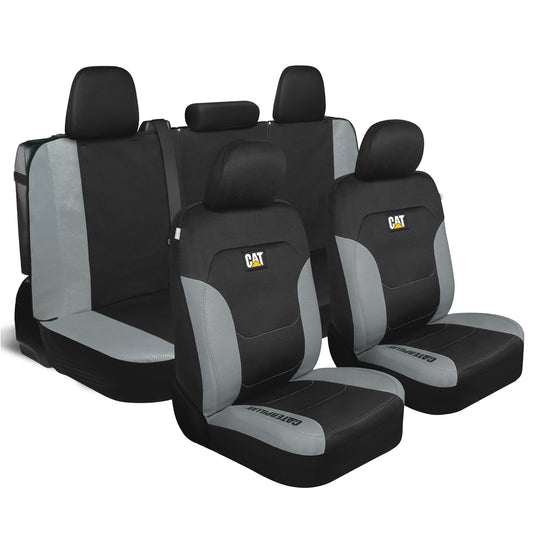 CAT Black & Gray Car Seat Covers Full Set – Front Seat Covers & Rear Bench Seat Cover – Airbag Compatible, 60/40 Split Bench for Trucks, Cars &